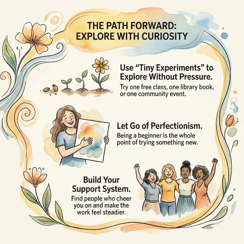 Illustrated infographic titled "The Path Forward: Explore with Curiosity," featuring playful floral borders and hand-drawn people. It shares tips for discovering purpose after 50, including using “tiny experiments,” letting go of perfectionism, and building a support system with encouraging peers.