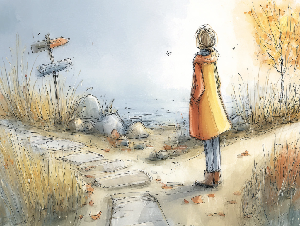 Watercolor-style illustration of a woman in a long orange coat standing at a fork in a quiet path near the water, with hand-painted signposts pointing in different directions. The soft, contemplative scene captures the idea of giving yourself permission to pivot, symbolizing the journey of finding purpose in your third act after 50.