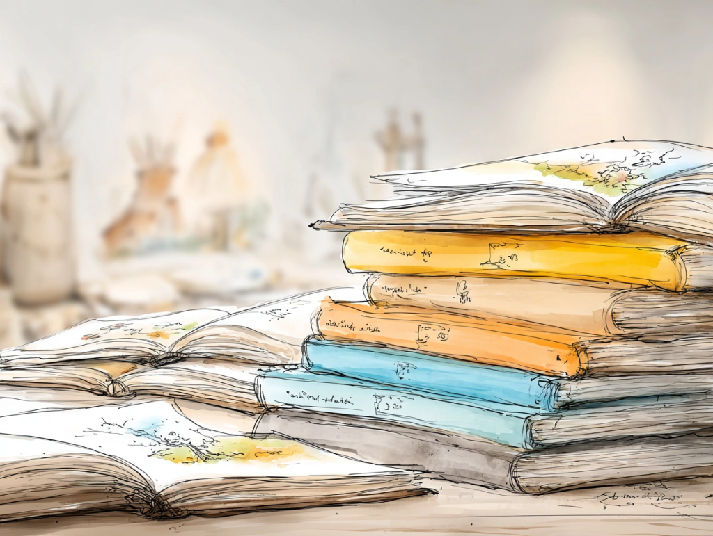 Stack of colorful, well-worn art journals with handwritten titles and visible pages filled with sketches and splashes of watercolor, spread out on a creative workspace. The image evokes the idea of art journaling as a personal museum in motion, capturing evolving thoughts and memories over time.