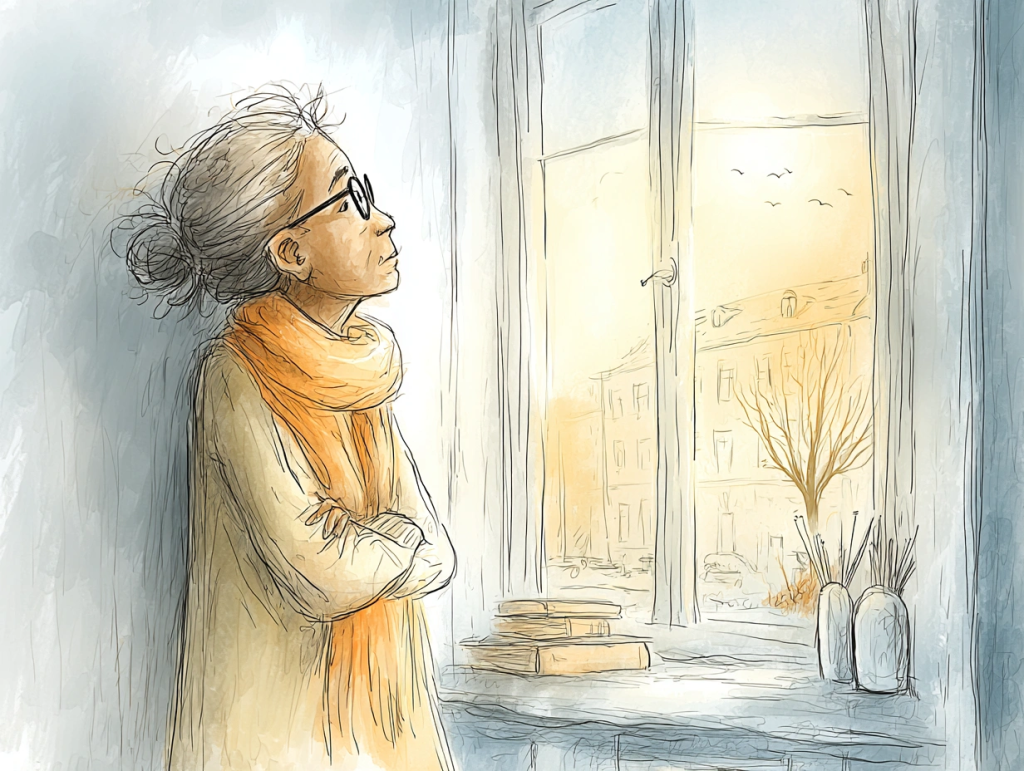 Illustration of an older woman wearing glasses and an orange scarf, standing by a window and gazing thoughtfully at the soft golden light of a winter sunrise. Outside, bare trees and a row of buildings reflect the quiet, reflective mood of the winter solstice.