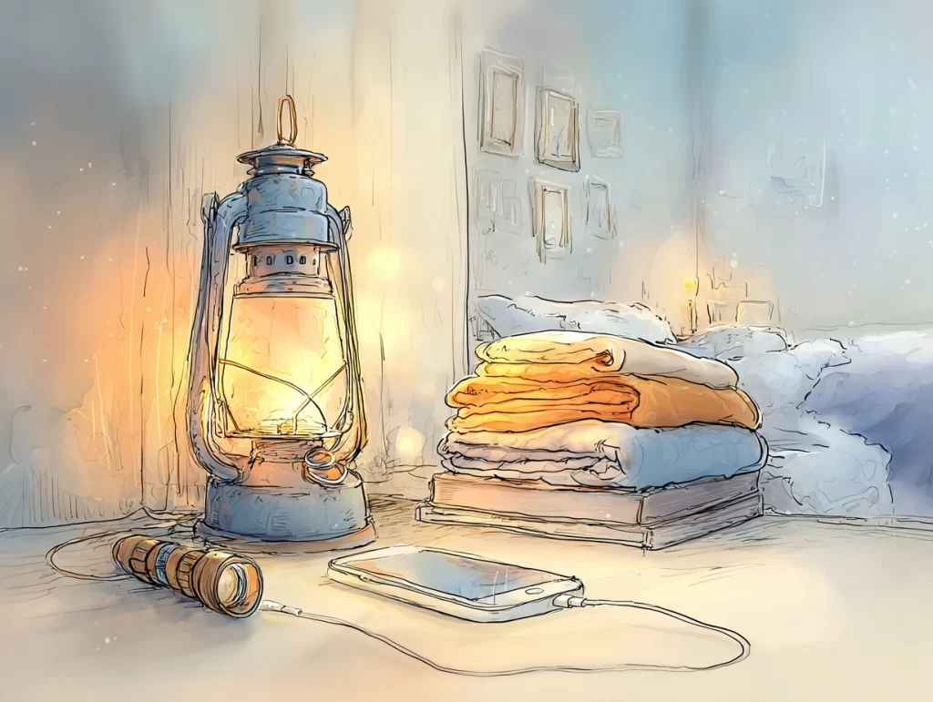 Illustration of a cozy bedroom setup featuring a lit oil lantern, folded blankets, a flashlight, and a charging smartphone on a bedside table. The image suggests preparing for winter emergencies as part of winter home maintenance, including backup lighting and warmth.