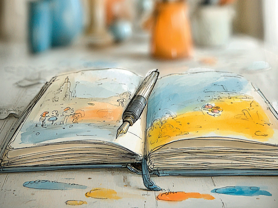 Open art journal with watercolor illustrations and a pen resting in the center, showing abstract scenes in soft blue, orange, and yellow tones. The gentle imagery and scattered paint drops evoke a quiet, introspective mood, reflecting how art journaling can process feelings without words.