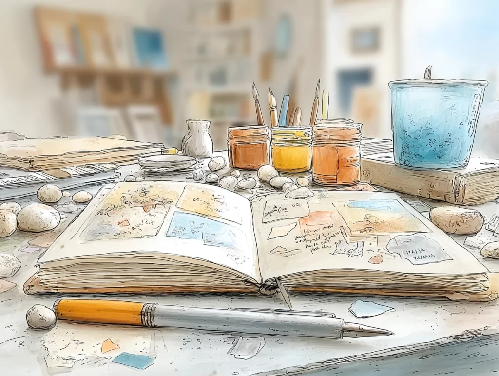 Open art journal on a cluttered workspace filled with painted swatches, handwritten notes, and scattered collage pieces, surrounded by paint jars, brushes, pebbles, and a pen in the foreground. The inviting creative mess reflects how art journaling prompts can help spark momentum and inspiration.