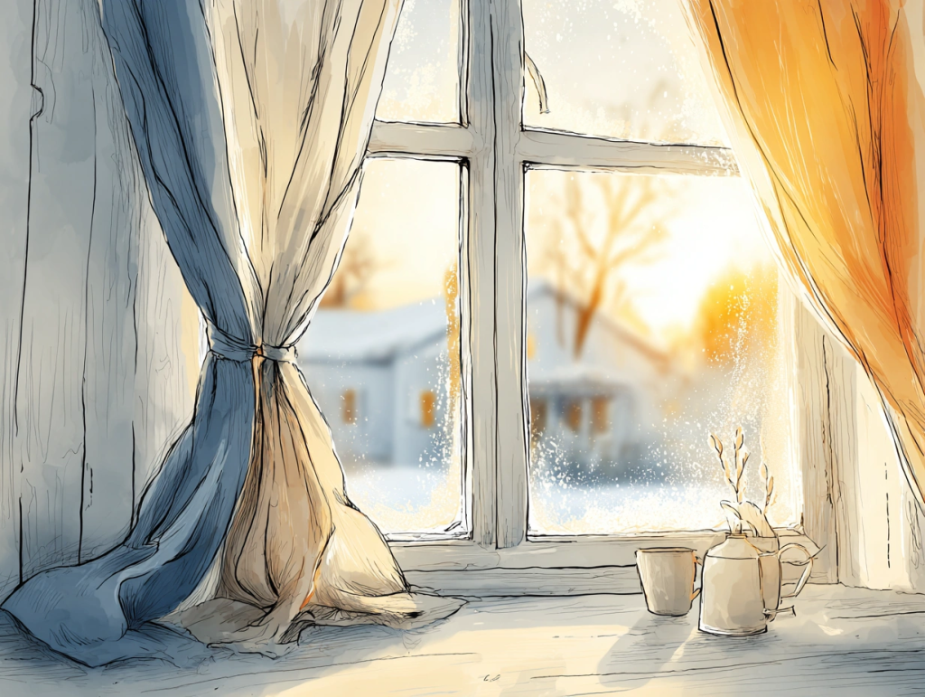 Hand-drawn style image of a frosty window framed by golden and blue curtains, with sunlight streaming in and snow-covered homes visible outside. A teapot, cup, and small plant rest on the windowsill, suggesting warmth and insulation checks as part of winter home maintenance.