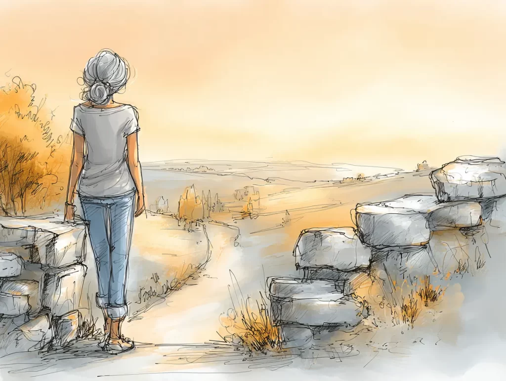 Watercolor-style illustration of a woman standing at the edge of a stone path, gazing out over a golden-hued landscape at sunset. The quiet, expansive view invites reflection, symbolizing the importance of pausing to consider your “why” in the context of end-of-life planning.