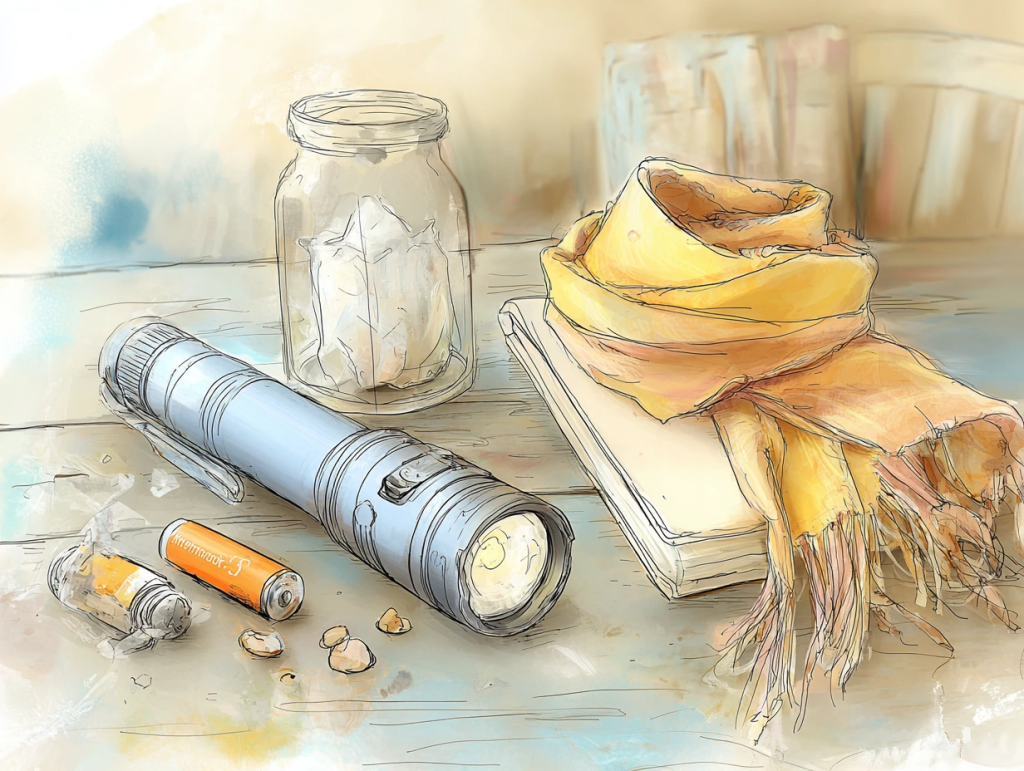 Hand-drawn image of a flashlight, extra batteries, a scarf, a book, and a jar on a wooden table, suggesting thoughtful preparation for winter. These items reflect winter home maintenance essentials like emergency lighting, warmth, and supplies in case of power outages.