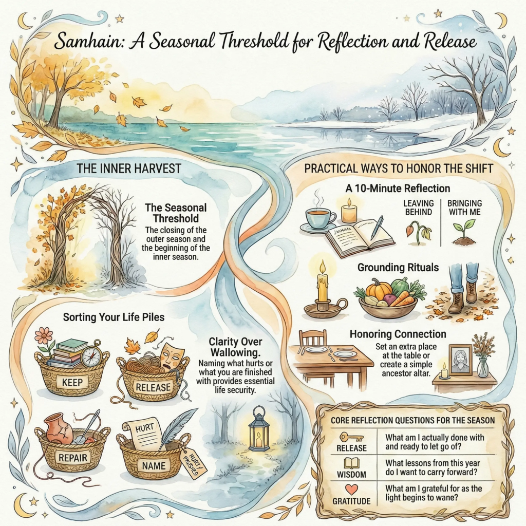 Illustrated infographic titled “Samhain: A Seasonal Threshold for Reflection and Release,” featuring autumnal and wintry imagery. It includes sections on inner harvest, practical ways to honor the shift, sorting emotional “life piles,” and core reflection questions, encouraging release, wisdom, and gratitude during the Samhain season.