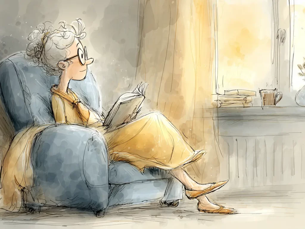 Midlife woman in a cozy robe sits peacefully in a soft armchair by a sunlit window, reading a book with a gentle smile. The quiet moment reflects the introspective spirit of Samhain as a pause point for rest and reflection.