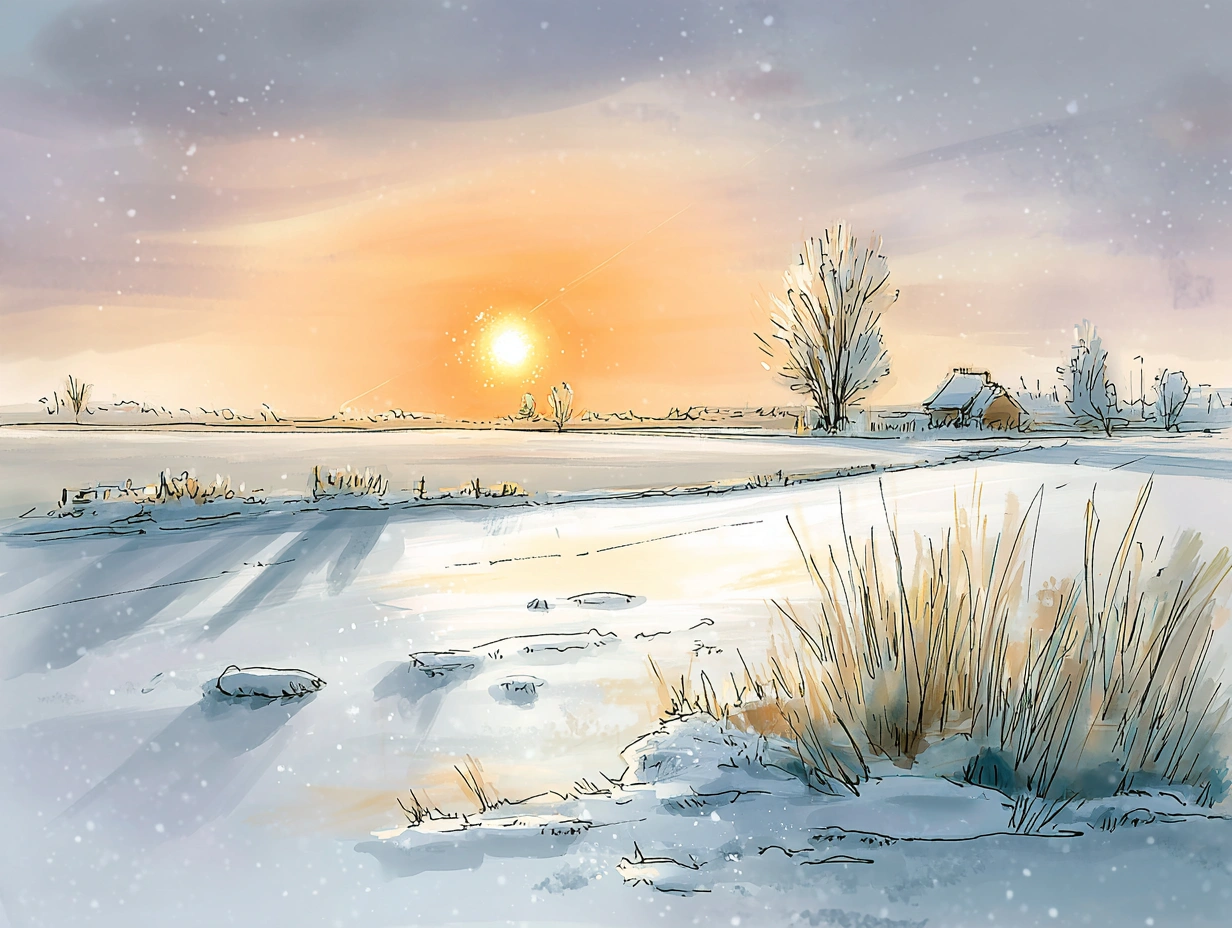 Peaceful winter landscape at sunrise with soft snow blanketing the ground and long shadows stretching across a frozen field. The sun glows low on the horizon near a distant farmhouse and bare trees, symbolizing the science behind the winter solstice.