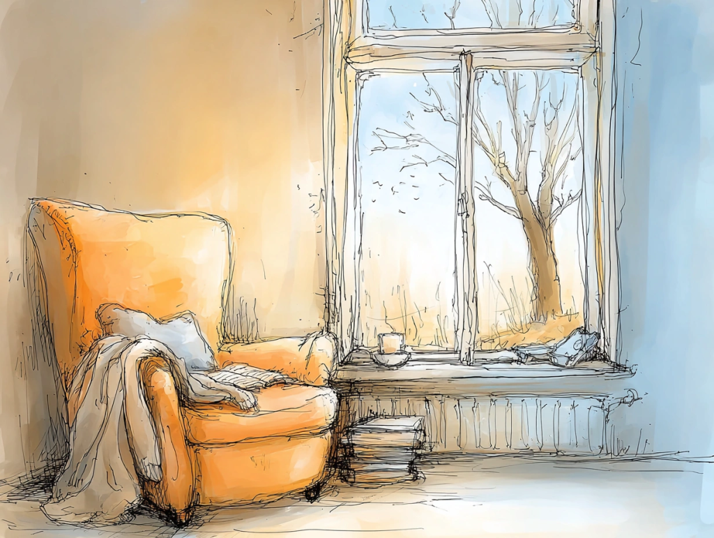 Cozy corner with a soft orange armchair draped in a blanket and pillow, facing a large window that frames a bare tree and soft winter light. A cup, book, and candle rest on the windowsill, evoking warmth and reflection during the winter solstice season.