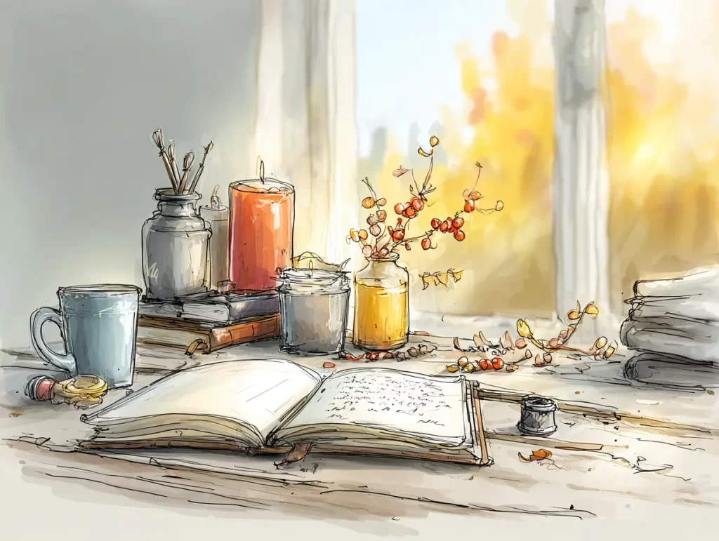 Open journal on a rustic wooden table surrounded by burning candles, autumn berries in jars, a mug, and writing tools, all bathed in warm natural light. The scene captures a quiet, simple Samhain reflection space for writing, remembering, and honoring the season’s stillness.