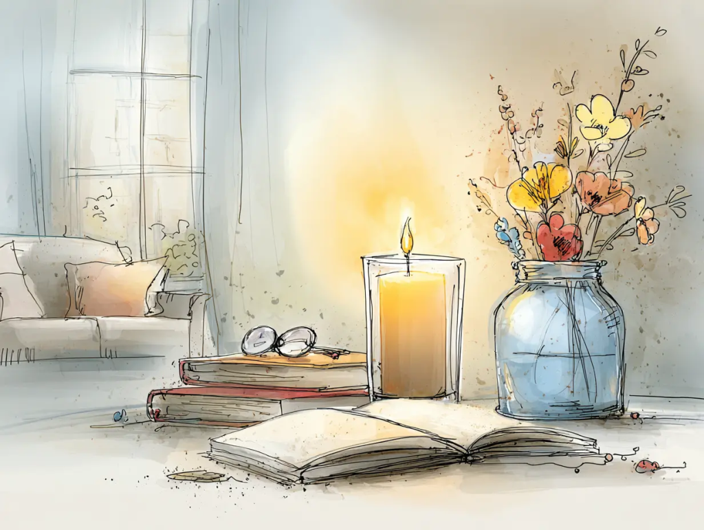 A single lit candle sits beside an open book, a jar of wildflowers, and a stack of books with reading glasses on top, all on a peaceful tabletop. The soft glow and quiet setting evoke the reflective, intentional energy of celebrating Samhain through a simple ritual.