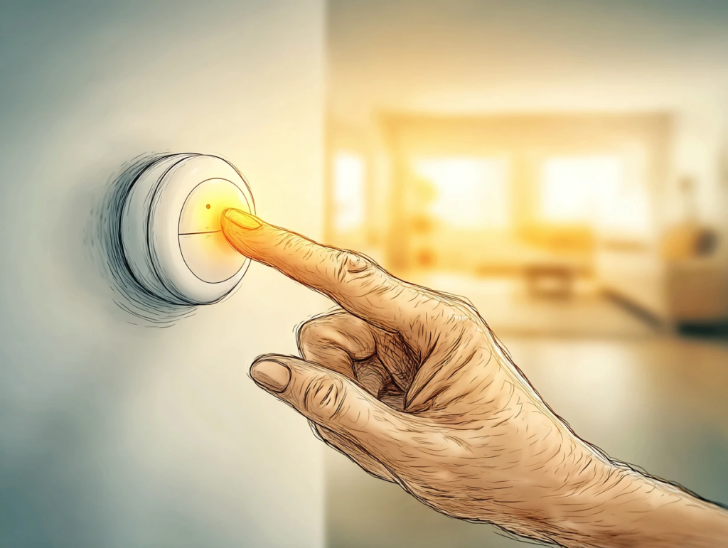 Illustrated close-up of a hand pressing a button on a smoke alarm on a wall, with a warm glowing light indicating it's on. The background shows a sunlit living room, highlighting the importance of checking and setting smoke and carbon monoxide detectors during winter home maintenance.