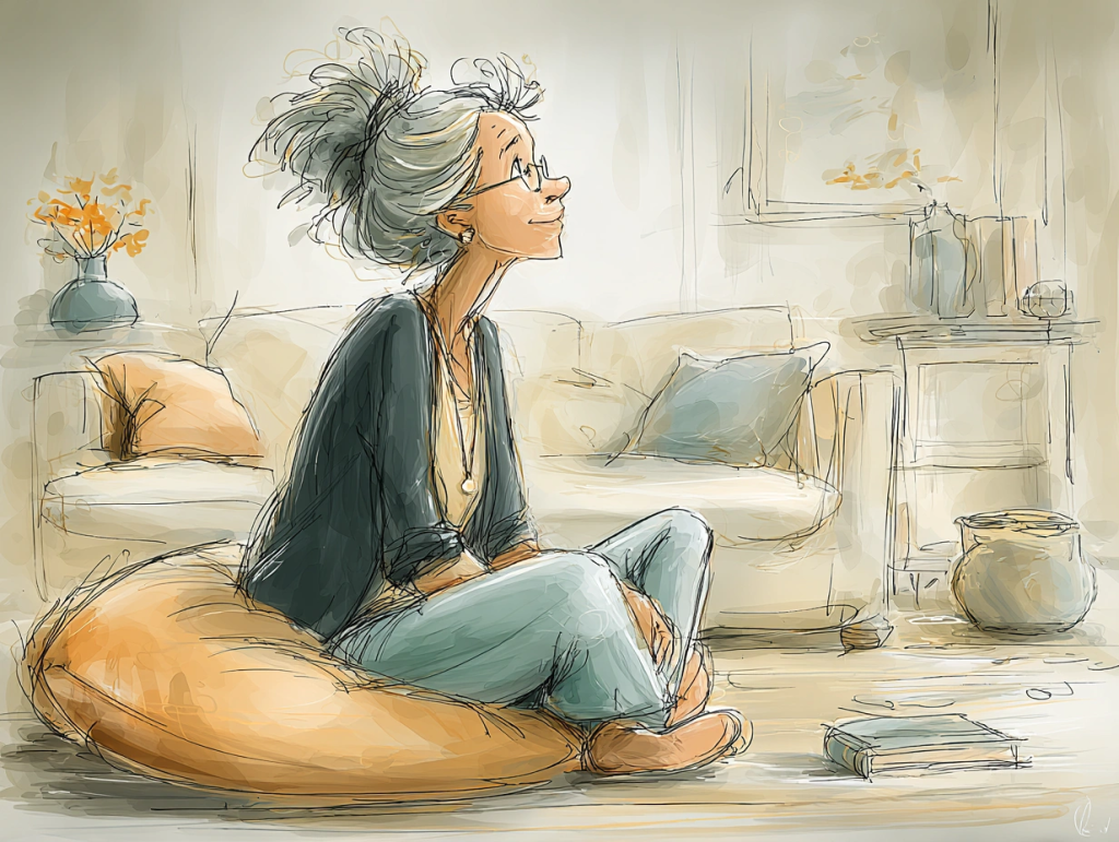 Cheerful older woman with gray hair in a messy bun sits cross-legged on a floor cushion in a softly lit living room, surrounded by cozy pillows, a book, and warm decor. Her relaxed posture and gentle smile reflect a peaceful winter solstice evening ritual.