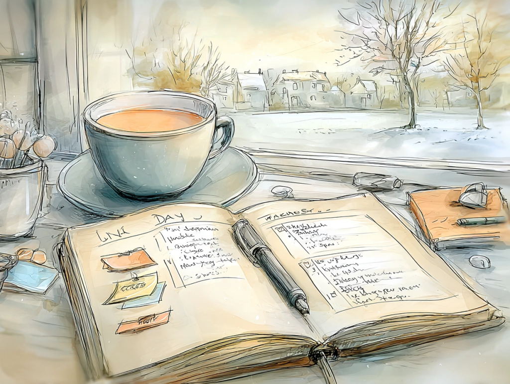 Open journal with handwritten notes and colorful sticky tabs rests beside a cup of tea on a windowsill, overlooking a quiet, snow-covered neighborhood. The cozy winter scene invites solstice reflection habits like journaling, mindfulness, and setting intentions for the season.