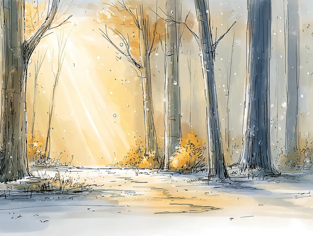 Snow-dusted forest with tall bare trees bathed in golden sunlight streaming through the branches. The peaceful glow and quiet path evoke a sense of renewal and calm, symbolizing the spirit of a winter solstice reset.