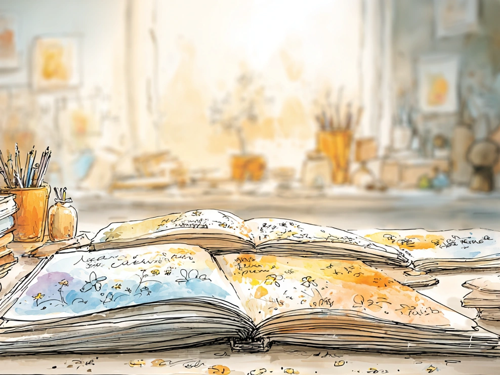 Stack of open art journals on a studio desk, each filled with colorful pages of handwritten notes, doodles, and floral sketches in soft blues, yellows, and oranges. Surrounded by paintbrushes and art supplies, the image captures the reflective process of spotting patterns through art journaling.