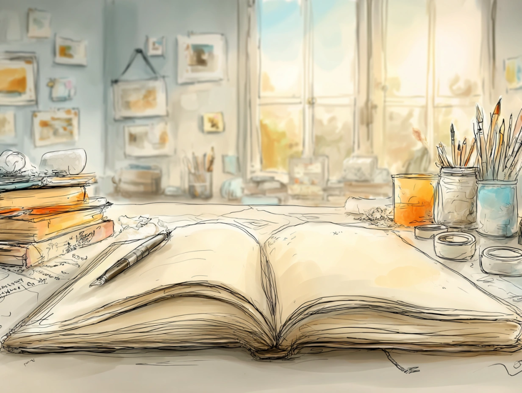 Open blank journal with a pen resting on its pages, surrounded by jars of paintbrushes, washi tape, and stacked sketchbooks in a softly lit art studio. The image conveys the inviting message of beginning your art journaling practice with whatever materials are on hand.