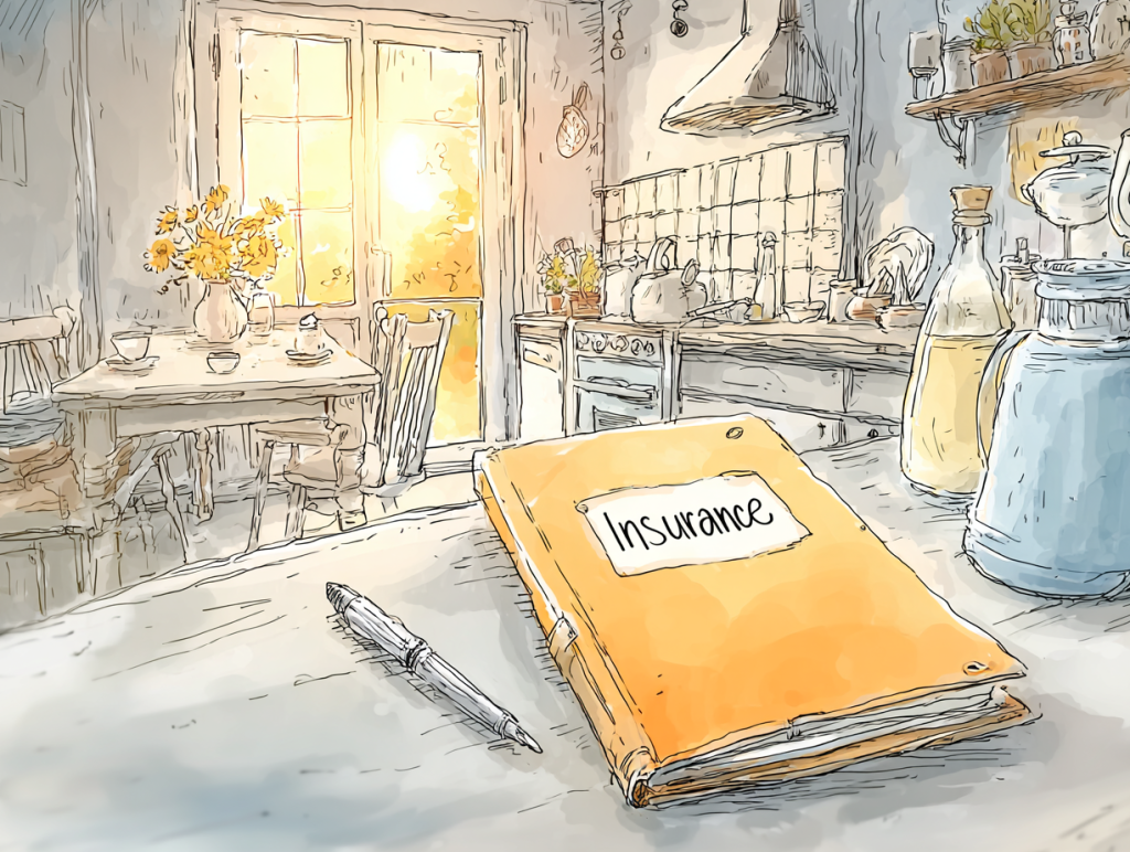 Watercolor-style illustration of a warm, sunlit kitchen with an orange folder labeled “Insurance” resting on the counter beside a pen. The cozy, organized space reflects the peace of mind and steady confidence that comes from completing an annual insurance review.