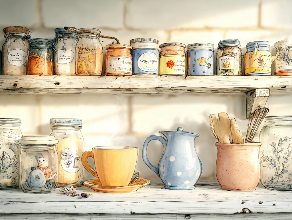 Hand-drawn style image of rustic wooden kitchen shelves filled with labeled jars of preserved foods, herbs, and spices, alongside a steaming mug, polka dot pitcher, and wooden utensils. The scene suggests stocking and organizing pantry essentials as a thoughtful part of winter home maintenance.