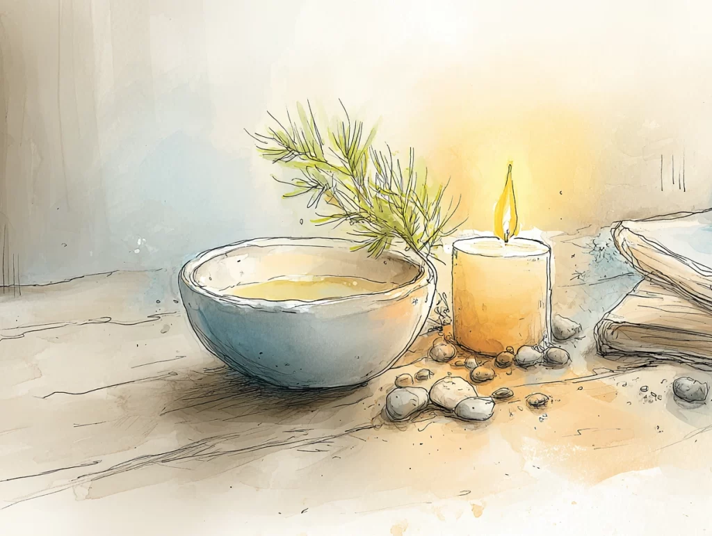 Still life of a lit candle beside a ceramic bowl of golden liquid, a sprig of evergreen, and smooth stones scattered on a wooden surface. The warm glow and natural elements represent timeless winter solstice symbols of light, reflection, and renewal.