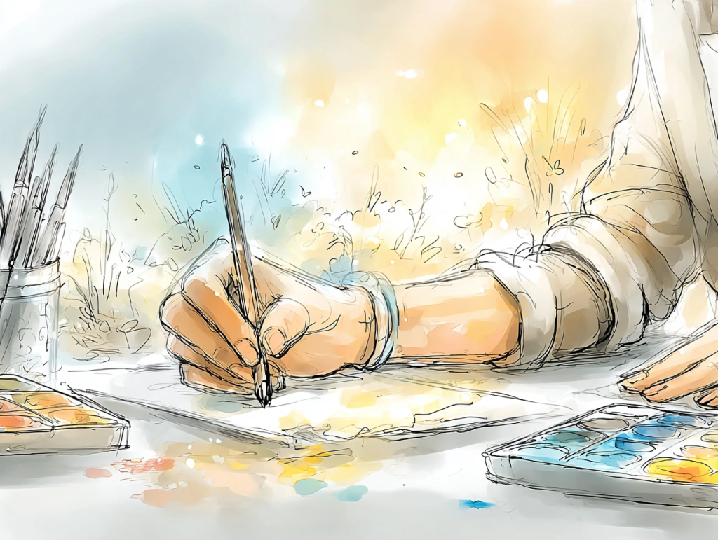 Watercolor-style illustration of hands actively painting at a bright workspace, surrounded by paintbrushes, watercolor palettes, and vivid splashes of color. The image captures the moment of creative flow, symbolizing how turning interest into action can help uncover purpose in your third act after 50.