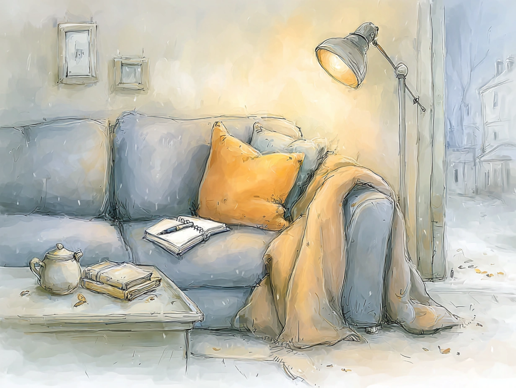 Cozy indoor scene with a soft couch, orange blanket and pillow, open journal with pen, and warm lighting from a standing lamp. A teapot, books, and snowy view outside evoke peaceful ways to celebrate the winter solstice through rest, reflection, and comfort.