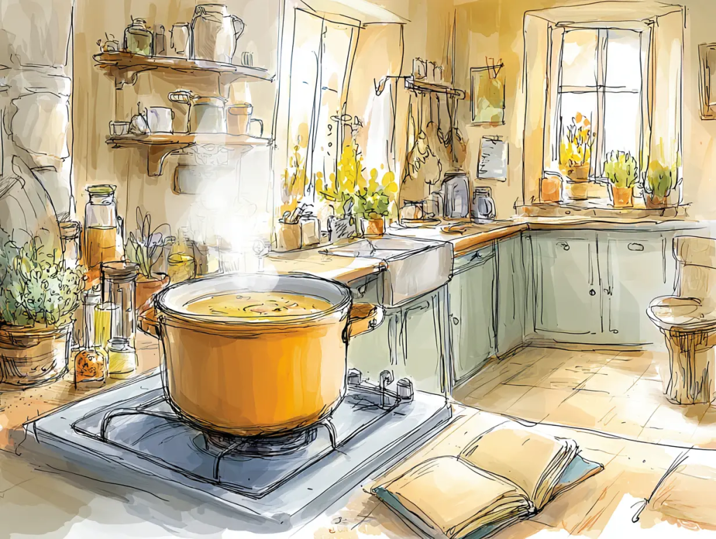 Sunlit kitchen with a large orange pot of soup simmering on the stove, surrounded by herbs, spices, and an open recipe book on the floor. The warm, homey scene illustrates a nourishing way to mark Samhain through seasonal cooking and intentional preparation.