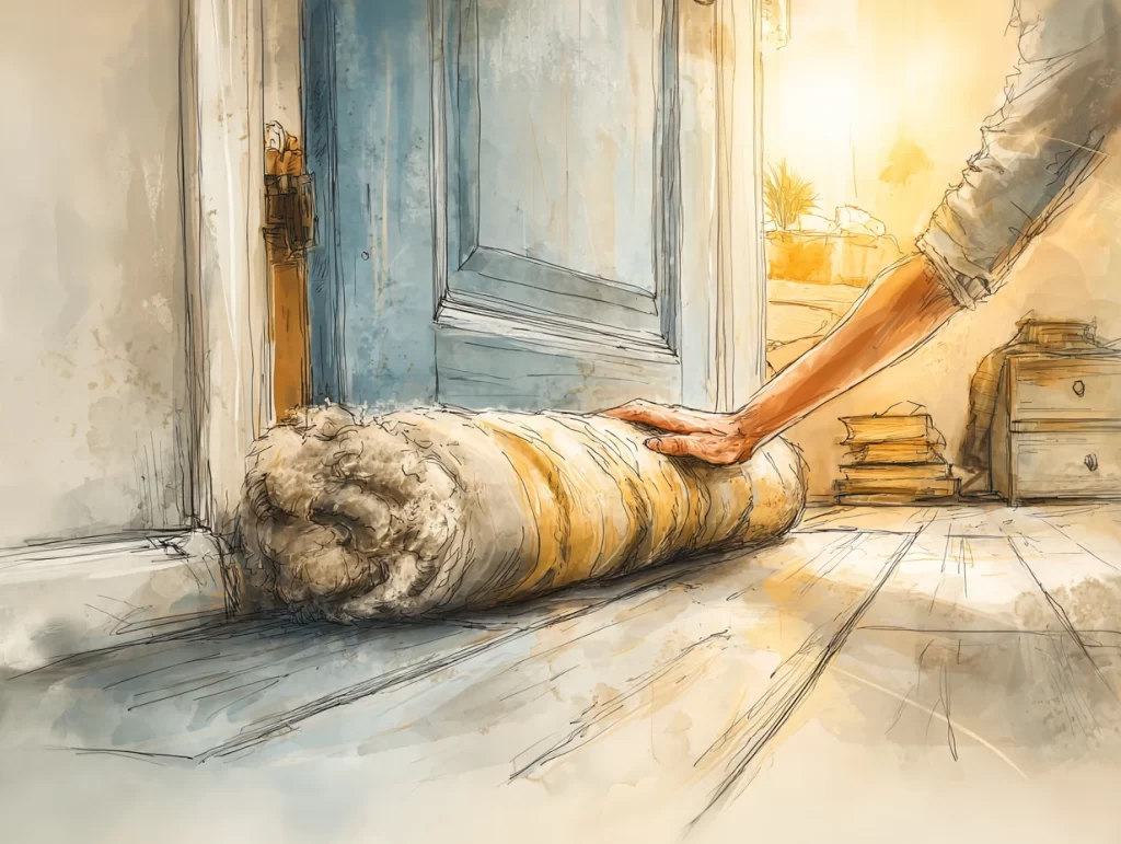 Illustration of a person placing a thick, rolled-up draft stopper at the base of a closed door in a warmly lit room. This action highlights a simple and effective winter home maintenance step to prevent heat loss and block cold air drafts.