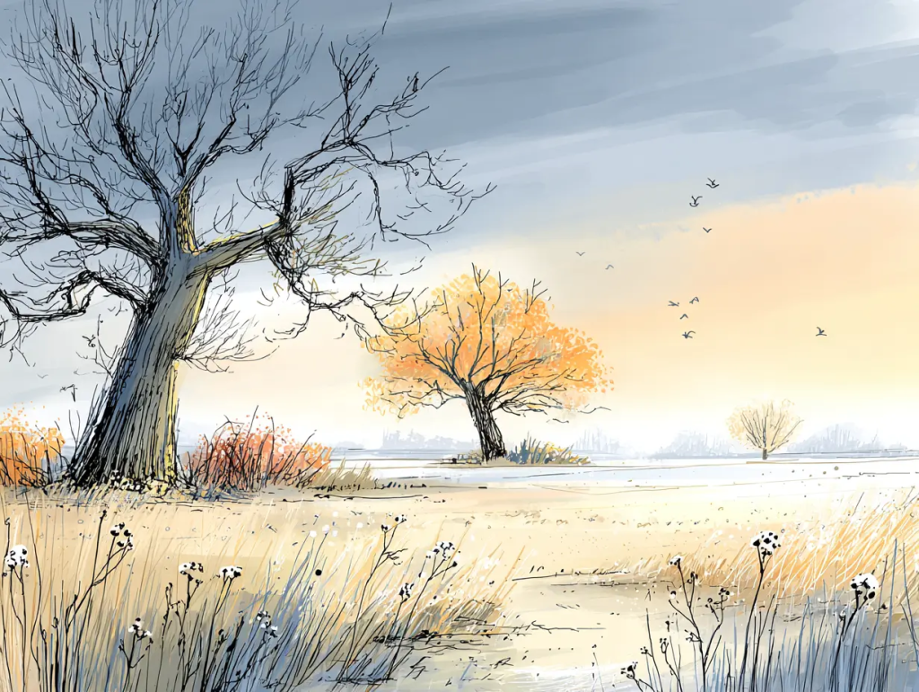 Autumn landscape with bare trees and golden foliage under a moody sky, capturing the transition from life to dormancy. The quiet, reflective scene evokes the thinning of the veil between worlds, central to the meaning of celebrating Samhain.