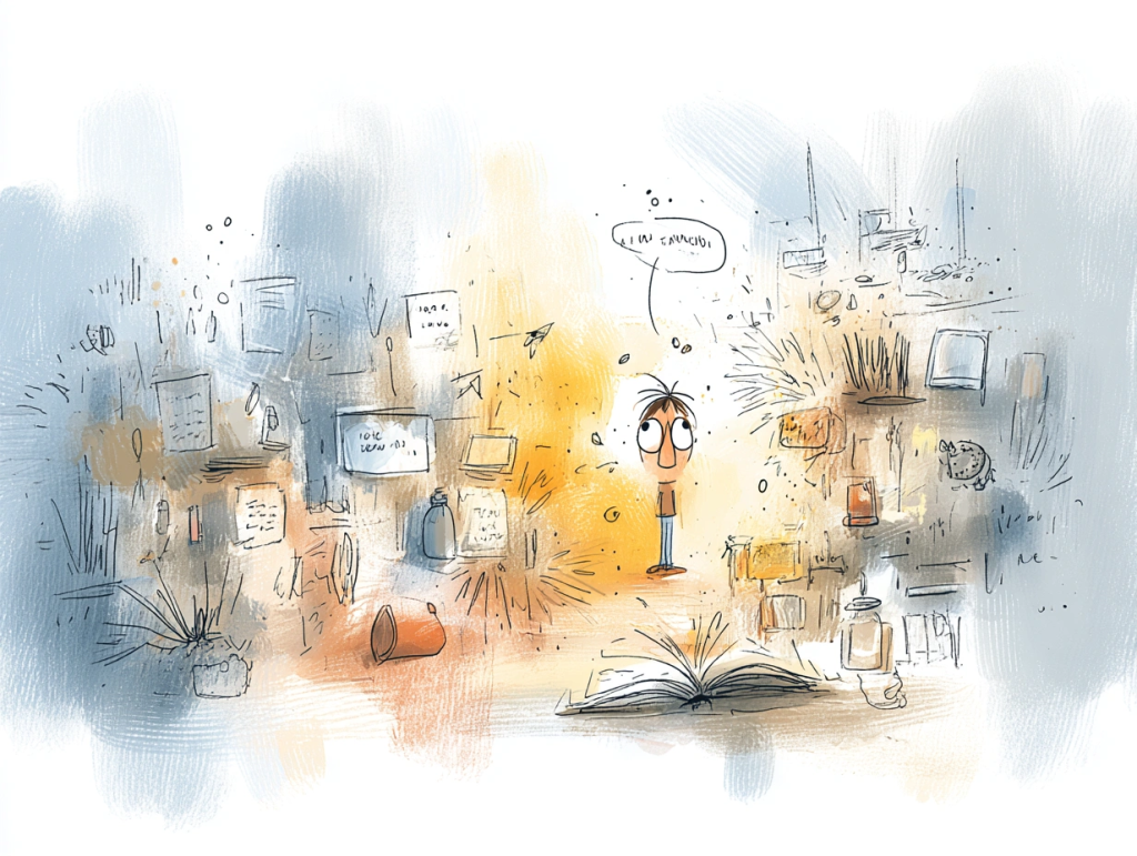 Whimsical illustration of a wide-eyed character standing amidst a chaotic mix of journal pages, books, notes, and art supplies exploding from an open journal. A speech bubble reads "I am launched," capturing the feeling of being overwhelmed or creatively consumed by art journaling.