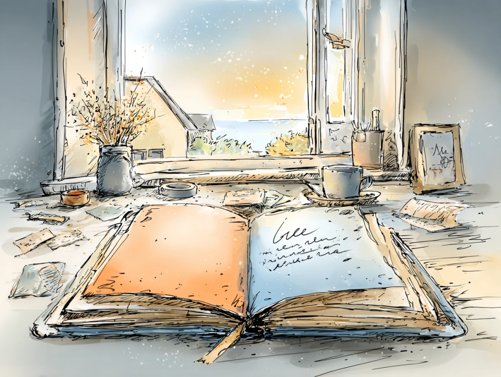 Open journal resting on a sunlit desk by a window, with one side painted orange and the other lightly scripted in blue, surrounded by tea, dried flowers, and scattered paper scraps. The peaceful, slightly messy scene captures the quiet tension and possibility of beginning art journaling when the page feels blank.