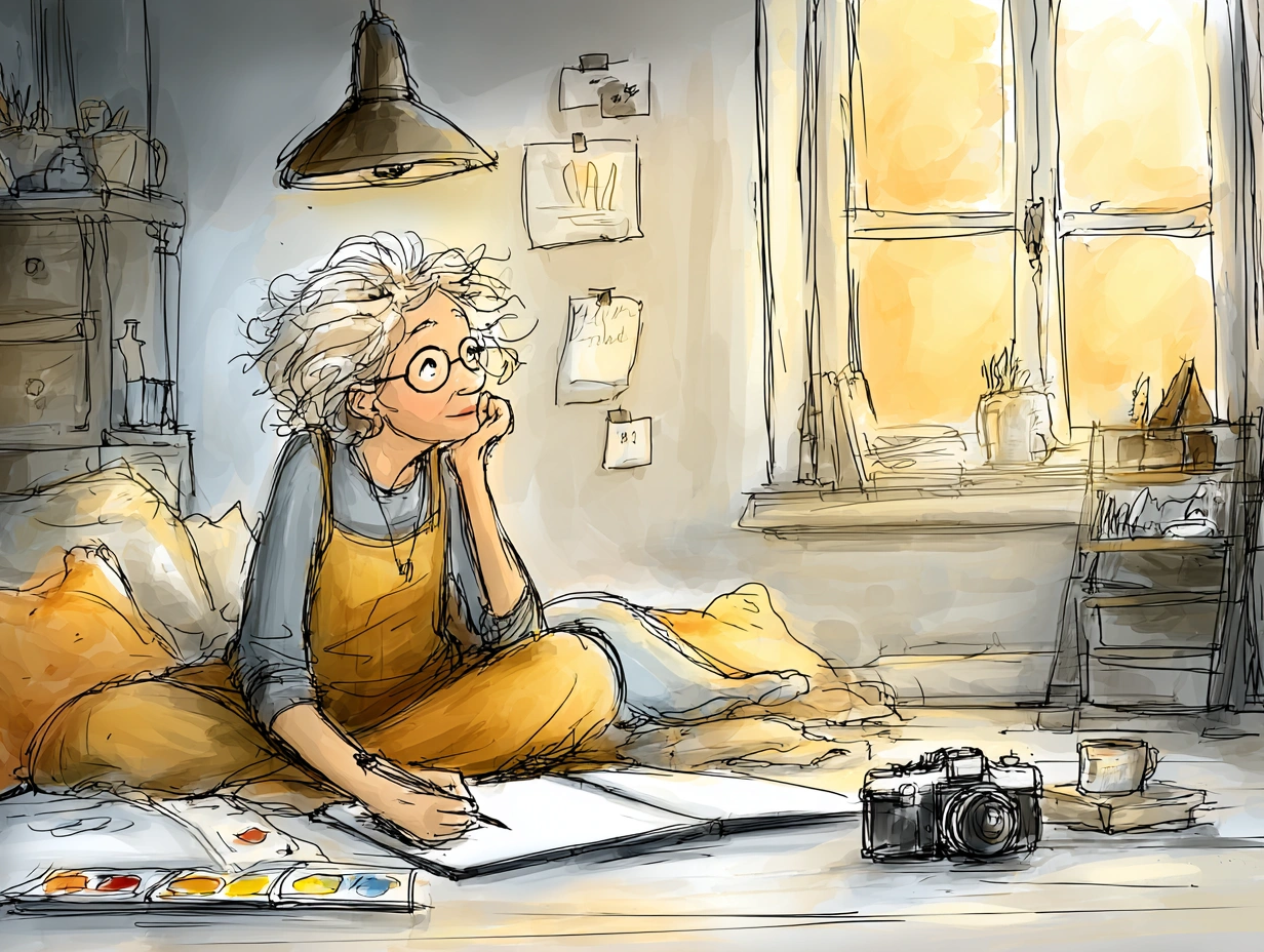 Watercolor-style illustration of a woman with gray curly hair and glasses sitting cross-legged on a cozy bed, thoughtfully sketching in a notebook. Surrounded by art supplies, a camera, and warm evening light from a nearby window, the scene reflects introspection and creativity as she explores her third act purpose after 50.