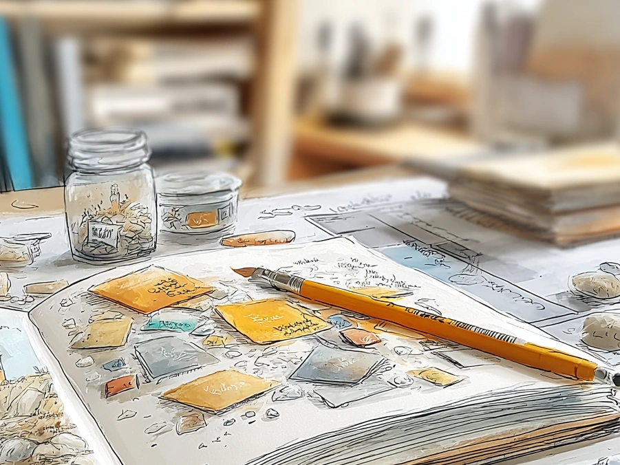 Close-up of an art journal spread featuring layered paper scraps, handwritten notes, and a yellow mechanical pencil resting on the page. Surrounding the journal are jars of labeled collage bits and textured pieces, capturing the tactile, mixed-media essence of art journaling.