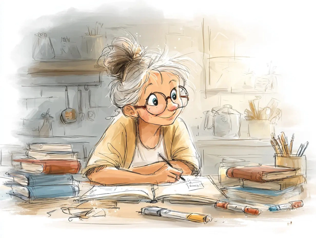 Cheerful illustrated woman with gray hair in a messy bun and glasses smiles as she writes in an open journal, surrounded by colorful markers and stacked books. The cozy, creative setting reflects the joy and personal expression found in art journaling.
