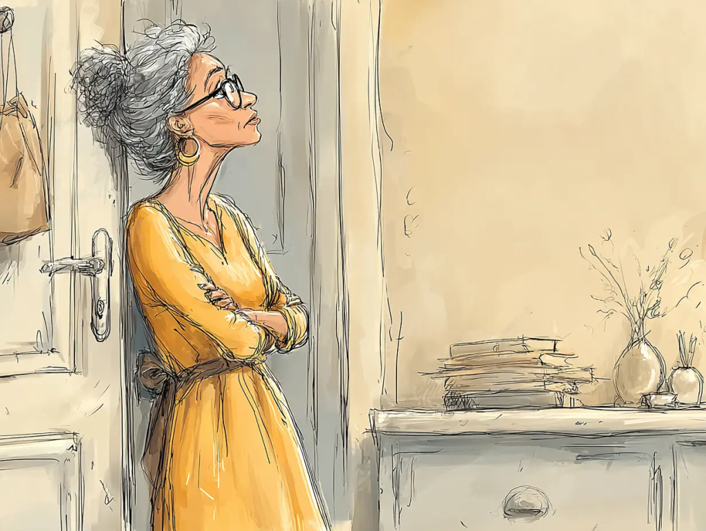 Watercolor-style illustration of a woman in a yellow dress leaning against a doorway with arms crossed, looking thoughtfully into the distance. The quiet setting, with a stack of books and simple vases on a nearby table, reflects the emotional weight and introspection often felt when facing end-of-life planning.