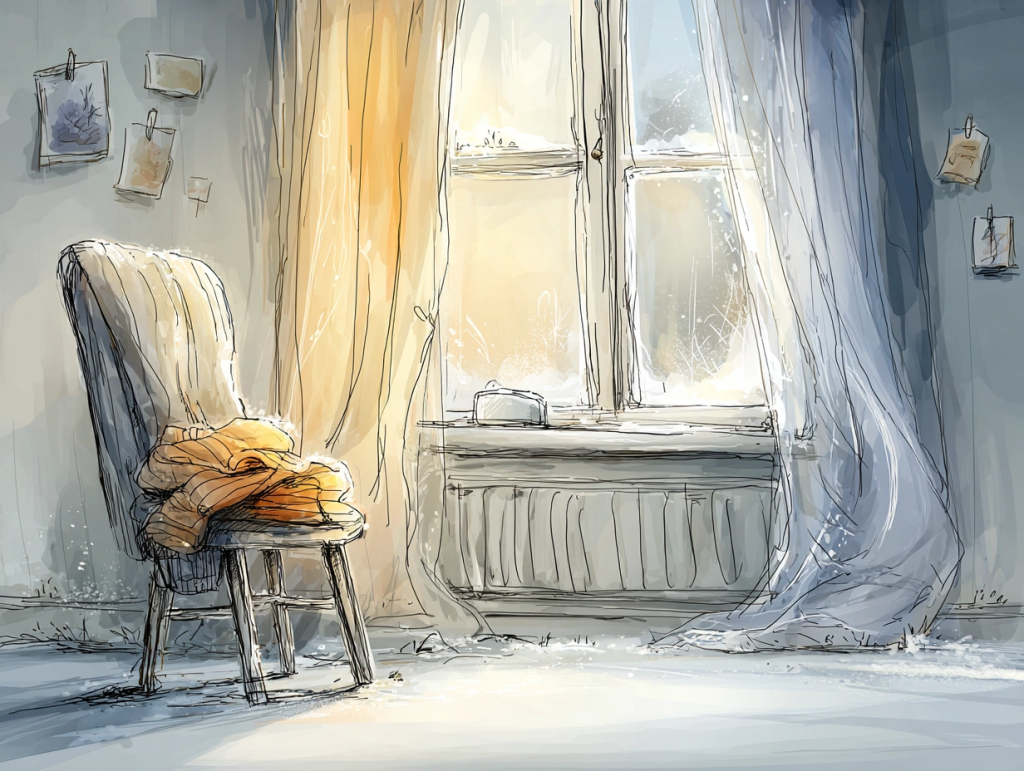 Cozy sketch-style illustration of a winter morning scene inside a home, with frosted windows letting in soft sunlight. A warm orange blanket is draped over a cushioned chair beside a radiator under the window, evoking warmth and comfort during winter home maintenance routines.