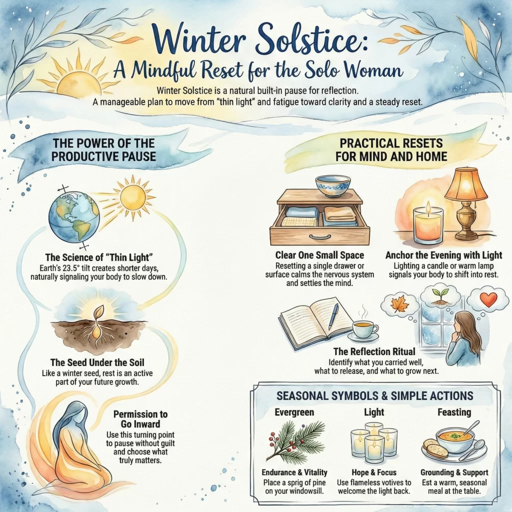 Illustrated winter solstice infographic titled "A Mindful Reset for the Solo Woman" featuring calming visuals like candles, plants, and soft light. It outlines the solstice’s significance with tips such as clearing space, anchoring the evening with light, and reflection rituals, along with seasonal symbols like evergreen for vitality, light for hope, and feasting for support.