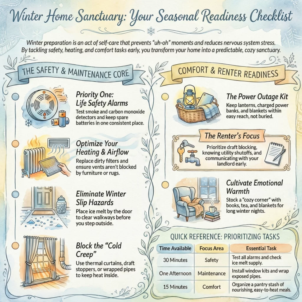 Illustrated winter home maintenance checklist titled “Winter Home Sanctuary: Your Seasonal Readiness Checklist,” featuring safety and comfort tips like testing smoke detectors, optimizing airflow, blocking drafts, and preparing a power outage kit. Includes a quick-reference guide to prioritize tasks based on available time.