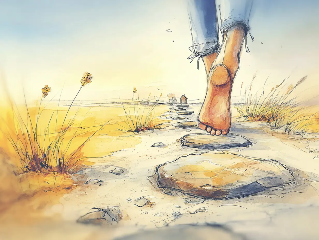 Watercolor-style illustration of a person walking barefoot along a sunlit stone path through a golden field, with a small house visible in the distance. The grounded, forward motion represents taking your next best step, a gentle reminder that end-of-life planning can be approached one step at a time.