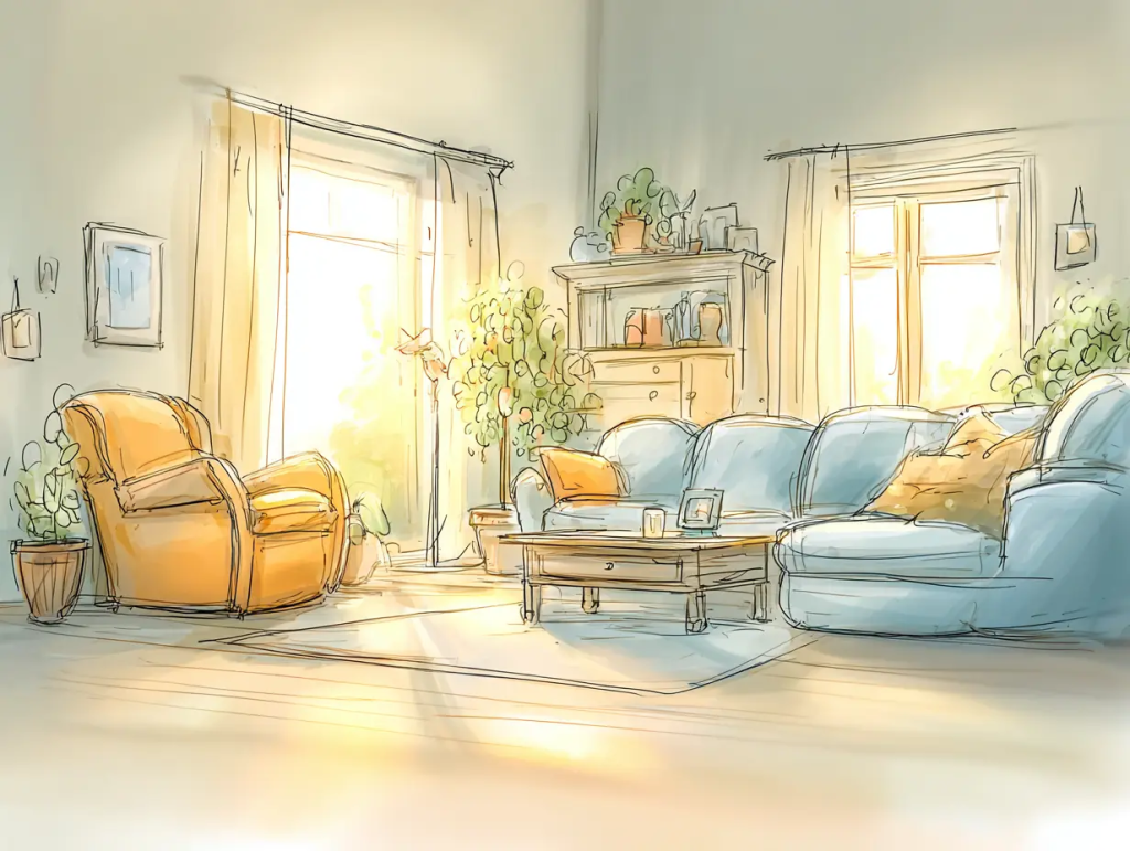 Watercolor-style illustration of a sunlit living room with cozy blue and gold armchairs, soft pillows, houseplants, and gentle light streaming through large windows. The serene atmosphere suggests the strength found in quiet preparation, reflecting how end-of-life planning can be a calm and empowering act—your quiet superpower.