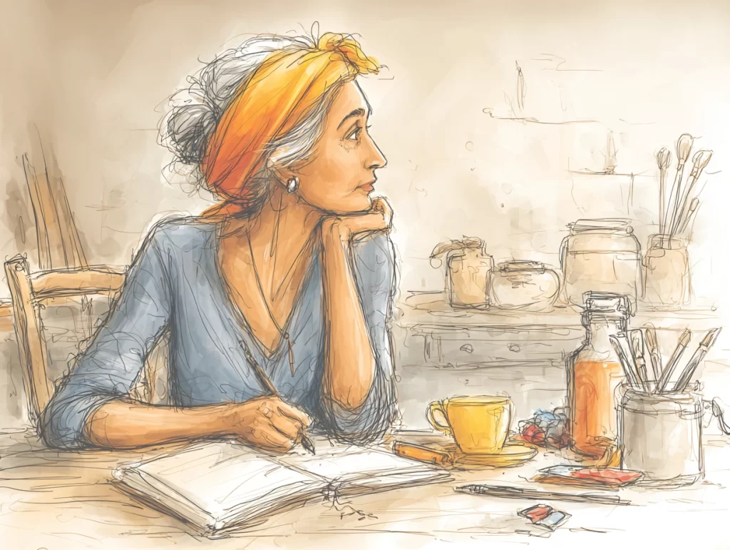 Thoughtful woman with gray hair wrapped in an orange scarf sits at a cozy workspace, pen in hand, pausing over an open journal. Surrounded by art supplies, a yellow teacup, and a warm palette, the image suggests that art journaling offers a canvas for personal storytelling and reflection.