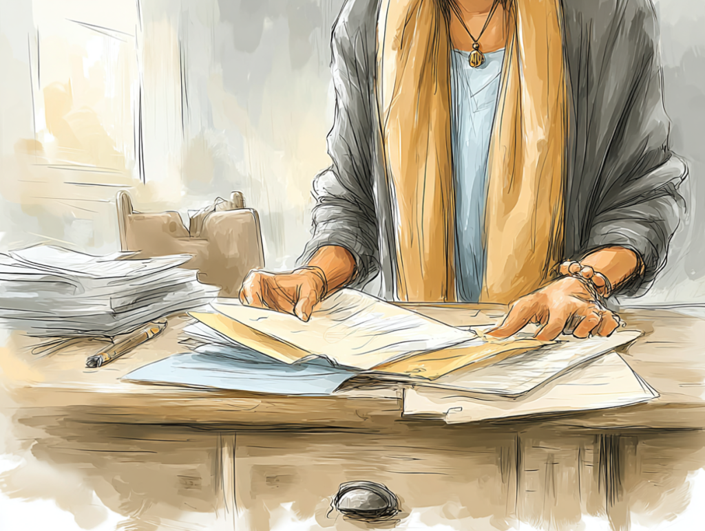 Watercolor-style illustration of a person sorting through a stack of papers at a wooden desk, surrounded by files, a pen, and documents. The scene captures the preparation process for an annual insurance review, emphasizing the importance of gathering the right paperwork.